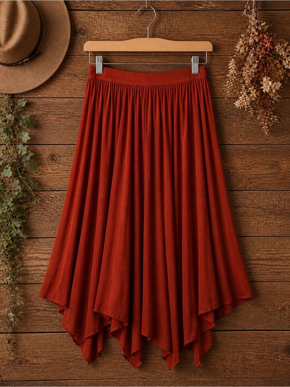 Eloquii Plus Size 14-16 Rust MIDI Skirt | Flowy Asymmetrical Hem| Boho Chic